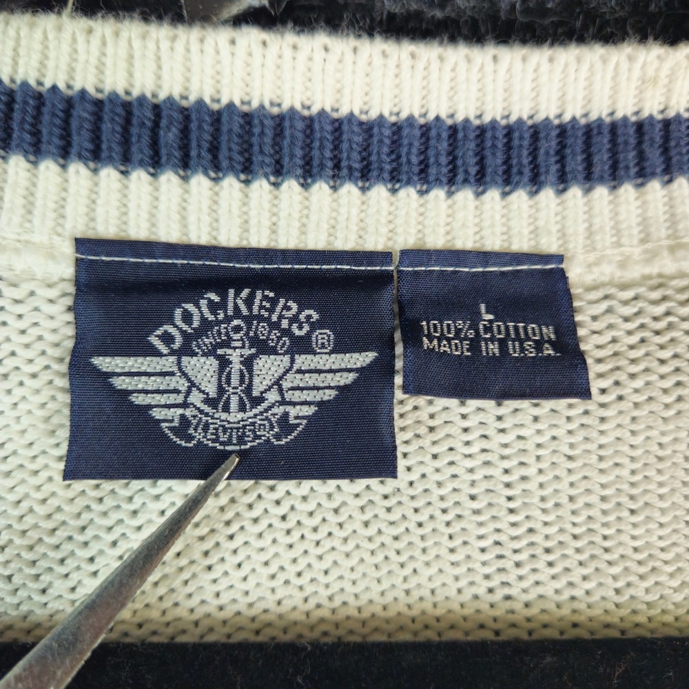 Dockers Womens Cardigan L White Navy Trim Cable Knit Gold Button Sweater USA VTG - Picture 3 of 12